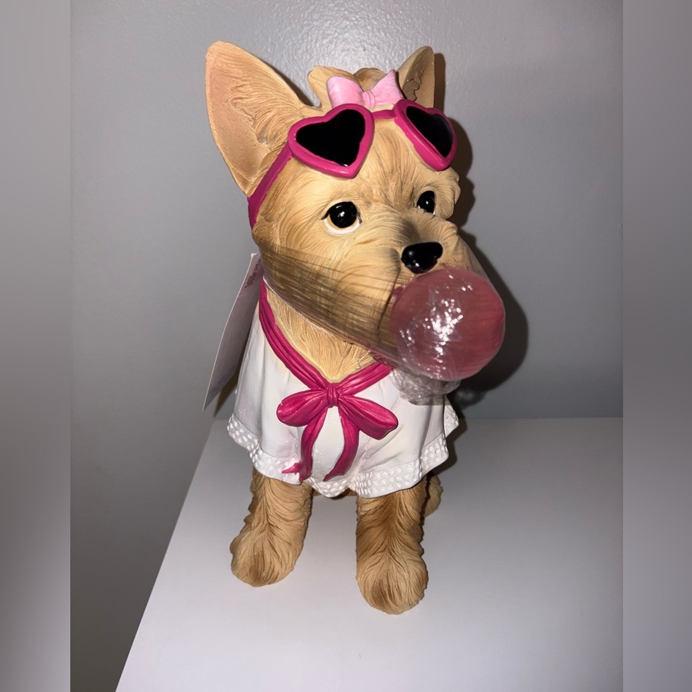 Rachel Zoe Valentines Yorkie Blowing Pink Bubble Decor Pink Glasses NWT 11.5”
